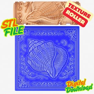 May include: A beige texture roller and a blue square with a seashell design. The roller has a seashell pattern. The blue square has a seashell design with decorative elements. Text on the image says "STL FILE", "TEXTURE ROLLER", and "Digital Download".