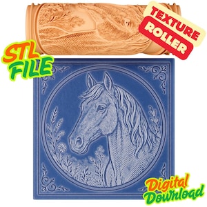 May include: A tan texture roller with a landscape design and a blue square tile featuring a horse head illustration. The tile is surrounded by a circular frame with floral and leaf accents. The words "Texture Roller", "STL File", and "Digital Download" are visible.