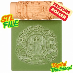 May include: A light brown texture roller and a green square with a fairy door design. The roller has a door design with a window. The green square has a detailed fairy door with a keyhole, windows, and a lantern. Text on the image says "STL FILE", "TEXTURE ROLLER", and "Digital Download".