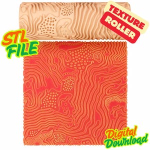 Puede incluir: Un rodillo de textura beige con un patrón detallado se encuentra sobre una superficie con patrones rojos y naranjas. Las palabras "STL FILE" y "Digital Download" están en la imagen. Las palabras "TEXTURE ROLLER" también están en la imagen.