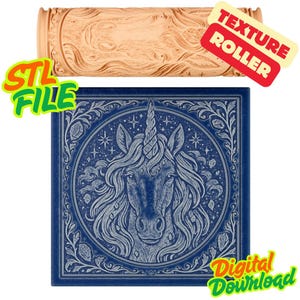 May include: A light brown texture roller with a swirling pattern and the text "TEXTURE ROLLER". Below is a blue square with a detailed unicorn illustration and the text "DIGITAL DOWNLOAD" and "STL FILE".