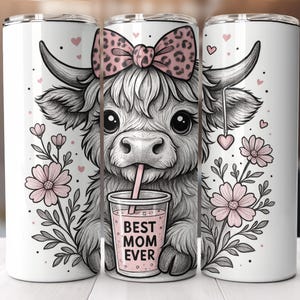 Best Mom Ever Tumbler Wrap, Highland Cow Mothers Day Tumbler Template, 20oz Skinny Tumbler Wrap, Sublimation Design PNG, Digital Download