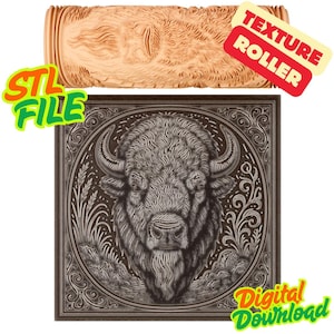 May include: A detailed illustration of a bison's head with intricate patterns, framed within a square design. Above, a wooden texture roller with a bison relief. The image includes the text "STL FILE" and "Digital Download".