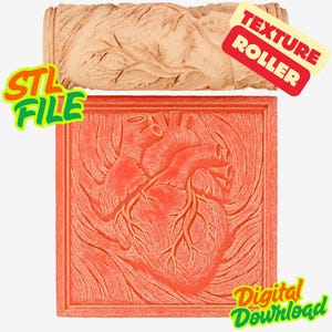 May include: A red square with an anatomical heart design and a matching roller above. The roller and square are for creating textured surfaces. The image includes the text "STL FILE" and "Digital Download". A "TEXTURE ROLLER" label is also present.