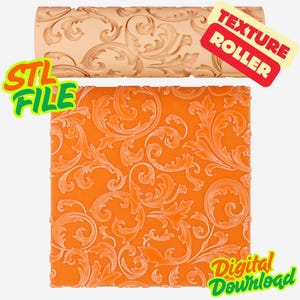 May include: A beige texture roller and an orange square with a floral design. The roller is cylindrical with a repeating pattern. The square shows the embossed pattern. Text on the image reads "STL FILE", "TEXTURE ROLLER", and "DIGITAL DOWNLOAD".