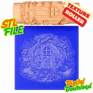Puede incluir: Un rodillo de textura de madera marrón claro y un molde de silicona azul con un diseño de casa de hadas. El rodillo es para crear superficies texturizadas. La imagen incluye el texto "STL FILE", "TEXTURE ROLLER" y "Digital Download".