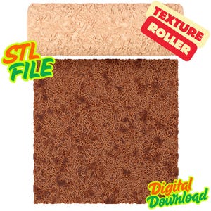 以下が含まれることがあります： テクスチャローラーとテクスチャ加工された正方形のデジタルダウンロード画像。 ローラーはベージュ色で、正方形は茶色です。 画像には「STL FILE」、「TEXTURE ROLLER」、「Digital Download」というテキストが含まれています。