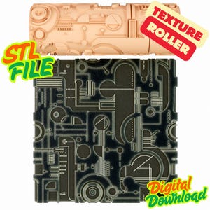 May include: A beige texture roller and a black and gray patterned surface. The roller is labeled "Texture Roller" and the surface is labeled "Digital Download" and "STL File". The design features geometric shapes and lines.