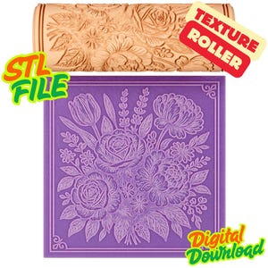 Puede incluir: Un rodillo de textura beige con un diseño floral y el texto "TEXTURE ROLLER". Debajo, un diseño cuadrado morado con un patrón floral y el texto "Digital Download" y "STL FILE".