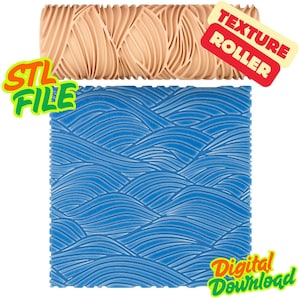 May include: A beige texture roller with a wave pattern is displayed above a blue, wave-patterned surface. The image includes the text "TEXTURE ROLLER", "STL FILE", and "Digital Download".