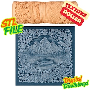 Puede incluir: Un rodillo de textura de madera con diseños florales y de montaña, junto a un cuadrado azul con una escena de montaña y lago. La imagen incluye el texto "STL FILE", "TEXTURE ROLLER" y "Digital Download".