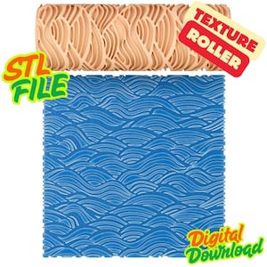 Könnte beinhalten: Eine beige Texturrolle mit Wellenmuster wird über einer blauen Oberfläche mit Wellenmuster gezeigt. Die Rolle ist mit "Texture Roller" in Rot beschriftet. Die Wörter "STL FILE" und "Digital Download" sind ebenfalls vorhanden.