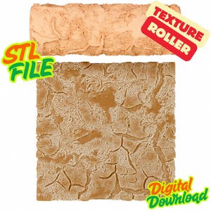May include: A tan texture roller and a square sample with a cracked earth design. The image includes the text "STL FILE" and "Digital Download". A red and yellow banner reads "TEXTURE ROLLER".
