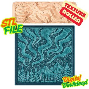 May include: A beige texture roller with a wavy pattern and a teal square design featuring a mountain and forest scene. The image includes the text "TEXTURE ROLLER", "STL FILE", and "Digital Download".