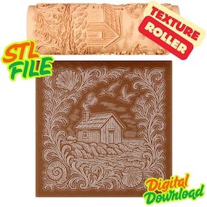 May include: A brown texture roller and a square tile with a coastal cottage design. The roller has a house and landscape pattern. The tile features a cottage, seashells, and birds within a decorative border. The words "STL FILE" and "Digital Download" are visible.