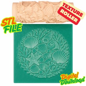 Op de afbeelding: Een beige textuurroller met een schelpmotief, met het label "Texture Roller". Daaronder toont een turquoise vierkant een schelpenpatroon, met de tekst "STL FILE" en "Digital Download."