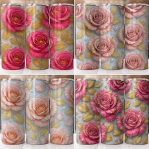 3D Pink Roses Floral Tumbler Wrap Bundle, 20 oz Skinny Tumbler Sublimation Design, Instant Digital Download