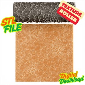 Puede incluir: Un rodillo de textura marrón con un patrón de superficie lunar y un cuadrado marrón con un patrón de huellas. La imagen incluye el texto "STL FILE", "TEXTURE ROLLER" y "Digital Download".