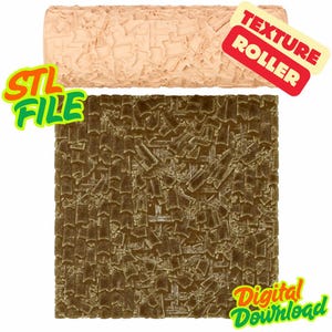 May include: A beige texture roller and a brown textured square. The roller has a repeating pattern of rectangular shapes. The square shows the pattern the roller creates. Text on the image says "STL FILE", "TEXTURE ROLLER", and "DIGITAL DOWNLOAD".