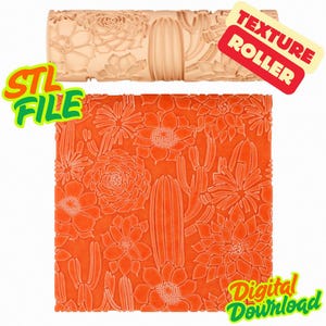 Puede incluir: Un rodillo de textura beige con un diseño floral y de cactus, junto con una superficie naranja texturizada con el mismo patrón. También se ven las palabras "Texture Roller", "STL File" y "Digital Download".