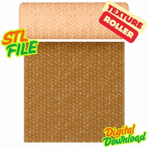 Puede incluir: Se muestra un rodillo de textura beige y un cuadrado texturizado marrón. El rodillo es cilíndrico y el cuadrado tiene un patrón tejido. El texto de la imagen dice "STL FILE", "TEXTURE ROLLER" y "Digital Download".