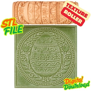 Può includere: Un rullo di texture in legno con motivi floreali e la scritta "TEXTURE ROLLER" in rosso. Sotto, un quadrato verde con un disegno a rilievo di uovo di Pasqua e la scritta "Digital Download". Sono visibili anche le parole "STL FILE".