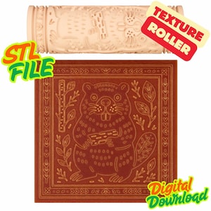 May include: A beige texture roller with a carved design of a beaver and other nature elements. Below is a square, reddish-brown surface with a beaver design. The words "STL FILE" and "Digital Download" are in the image.