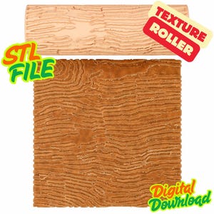 May include: Two wood grain texture rollers, one rectangular and one cylindrical, are displayed. The rectangular roller is a dark brown color, while the cylindrical roller is a lighter tan. The words "STL FILE" and "Digital Download" are visible.