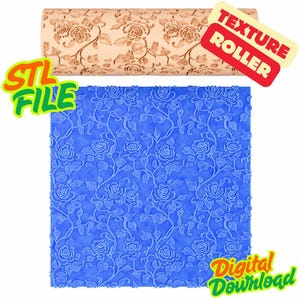 May include: A beige texture roller with a rose pattern is displayed above a blue, rose-patterned surface. The words "STL FILE" and "Digital Download" are visible. The words "TEXTURE ROLLER" are also visible.