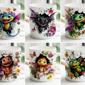 3D Effect Funny Dragons Mug Wrap, 11 oz & 15 oz Mug Bundle Sublimation Wrap, Instant Digital Download, PNG Template