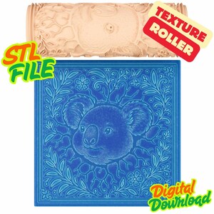 May include: A light beige texture roller with a koala design and the words "Texture Roller" in red. Below is a blue square with a koala design and the words "STL File" and "Digital Download".