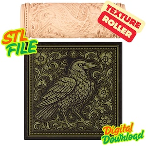 以下が含まれることがあります： ベージュのテクスチャローラーと黒と金のカラスのデザイン。カラスは花の模様に囲まれています。「STL FILE」と「Digital Download」の文字が画像にあります。「TEXTURE ROLLER」の文字も画像にあります。