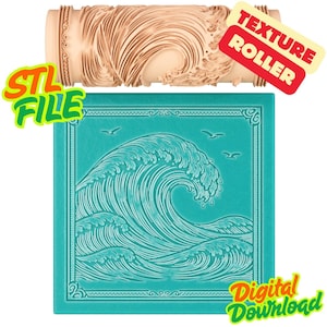 Puede incluir: Un rodillo de textura beige con diseño de olas, y un cuadrado turquesa con un patrón de olas y el texto "STL FILE" y "Digital Download". El rodillo está diseñado para crear patrones texturizados.