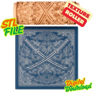 Puede incluir: Un rodillo de textura beige con un diseño floral y espadas cruzadas, y un cuadrado azul con un patrón a juego. El cuadrado presenta espadas cruzadas y elementos florales. La imagen incluye el texto "Texture Roller", "STL File" y "Digital Download".