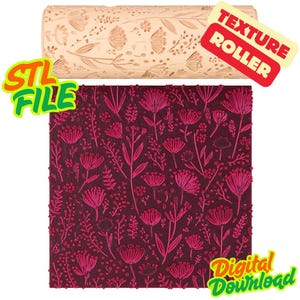 Può includere: Un rullo per texture beige con un motivo floreale, accanto a una superficie bordeaux con un motivo floreale abbinato. L'immagine include il testo "STL FILE", "TEXTURE ROLLER" e "Digital Download".