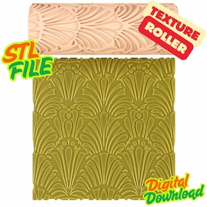 Puede incluir: Un rodillo de textura beige con un patrón en forma de abanico y una descarga digital verde y amarilla del mismo patrón. El texto "TEXTURE ROLLER" está en rojo y amarillo. El texto "STL FILE" está en verde y amarillo. El texto "Digital Download" está en naranja y verde.
