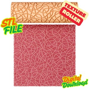 May include: A tan texture roller and a red surface with a repeating intertwined pattern. The roller is cylindrical and features the same pattern. Text on the image reads "STL FILE", "TEXTURE ROLLER", and "Digital Download".