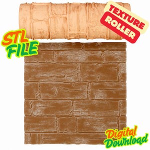 Puede incluir: Un rodillo de textura beige y un patrón de ladrillos marrones. El rodillo está encima del patrón de ladrillos. La imagen incluye el texto "TEXTURE ROLLER", "STL FILE" y "Digital Download".