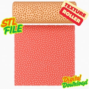 Puede incluir: Un rodillo de textura beige con un patrón de puntos, encima de un cuadrado rojo con una textura de puntos a juego. La imagen incluye el texto "STL FILE", "TEXTURE ROLLER" y "Digital Download".