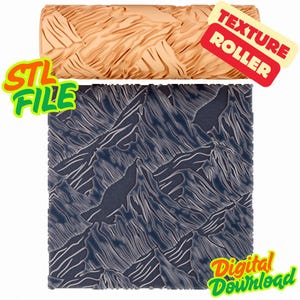 May include: A tan texture roller with a woven pattern is displayed above a dark blue mountain range design. The image includes the text "STL FILE", "TEXTURE ROLLER", and "DIGITAL DOWNLOAD".