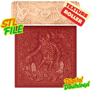 Puede incluir: Un rodillo de textura beige con un diseño de esqueleto se muestra encima de un cuadrado rojo con un diseño de esqueleto a juego. El cuadrado rojo presenta un esqueleto en una escena de cementerio. Las palabras "STL FILE" y "Digital Download" son visibles.