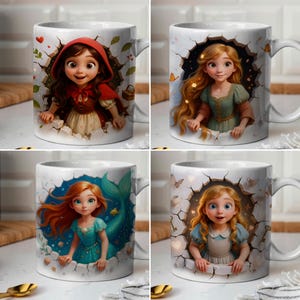 3D Effect Classic Girl Cartoon Character Mug Wrap, 11 oz & 15 oz Mug Bundle Sublimation Wrap, PNG Template, Instant Digital Download,