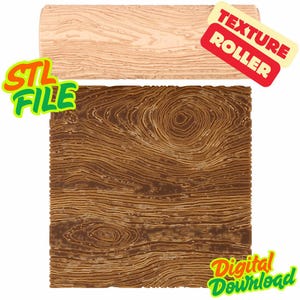 Può includere: Due rulli per texture a venature del legno, uno rettangolare e uno cilindrico, con il testo "TEXTURE ROLLER", "STL FILE" e "Digital Download". Il rullo rettangolare è marrone scuro e il rullo cilindrico è beige chiaro.