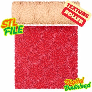 May include: A beige texture roller with a pattern of circles with small holes, and a red impression of the same pattern. The image includes the text "STL FILE", "TEXTURE ROLLER", and "Digital Download".