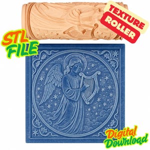 May include: A blue square relief featuring an angel playing a harp, surrounded by stars and holly. Above, a wooden texture roller with an angel design. The image includes the text "STL File" and "Digital Download".
