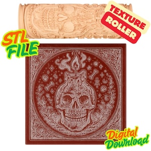 May include: A light brown texture roller with a skull design and the words "TEXTURE ROLLER". Below is a red square with a skull candle design and the words "DIGITAL DOWNLOAD" and "STL FILE".