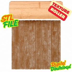 Puede incluir: Un rodillo de textura de madera marrón y una superficie texturizada a juego. El rodillo es de color marrón claro y rectangular. La superficie es un cuadrado de tablones marrones. El texto de la imagen dice "STL FILE", "TEXTURE ROLLER" y "Digital Download".