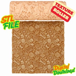 May include: A beige texture roller with a floral and rabbit design, and a brown embossed pattern. The image includes the text "STL FILE", "TEXTURE ROLLER", and "Digital Download".