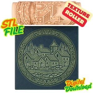 May include: A light brown texture roller with a village design, and a dark blue square with a circular village relief. The image includes the text "TEXTURE ROLLER", "STL FILE", and "Digital Download".