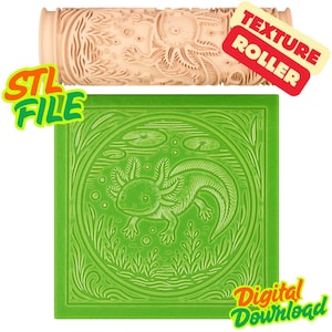 Pode incluir: Um rolo de textura bege claro com um design de axolotl e as palavras "TEXTURE ROLLER" em vermelho. Abaixo, um quadrado verde com um design de axolotl e as palavras "STL FILE" e "Digital Download".